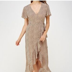 Vestique‎ midi dress wrap dotted size M tan black summer romantic Sunday classic
